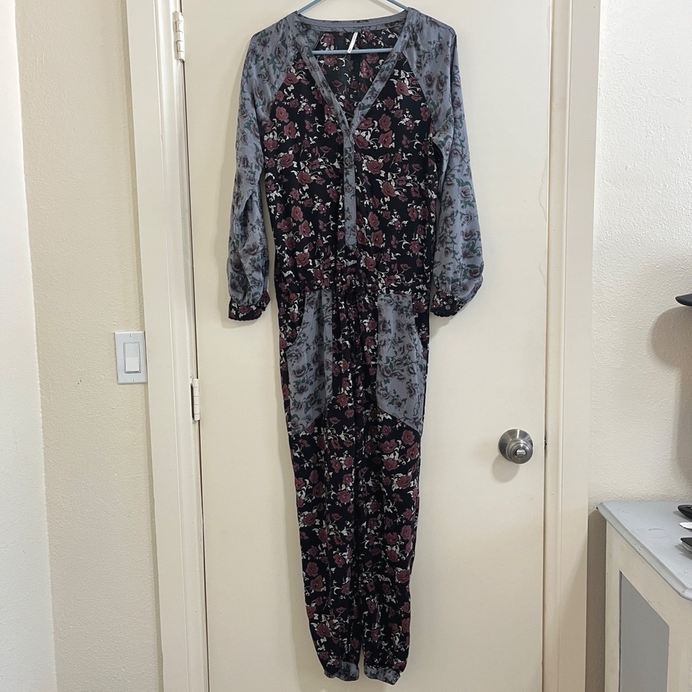 Free People Sheila Floral Patchwork Jogger Jumpsuit XS Boho Festival Tab Sleeves